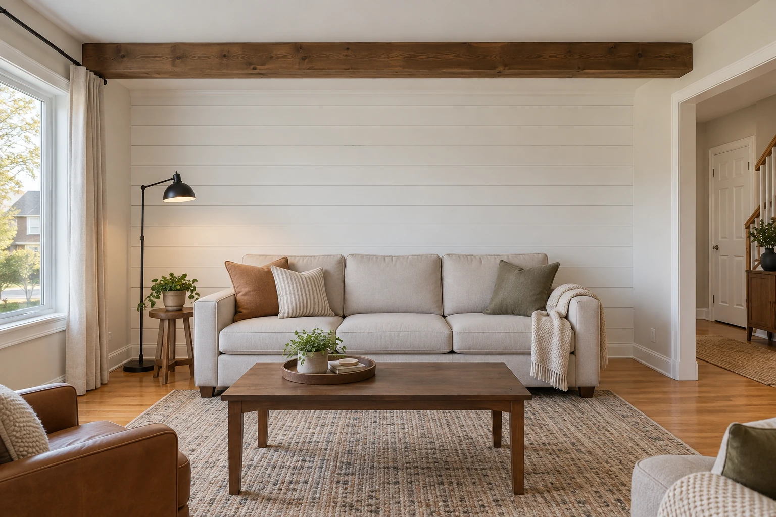Living room with a white shiplap accent wall behind the sofa and a stained faux beam across the ceiling