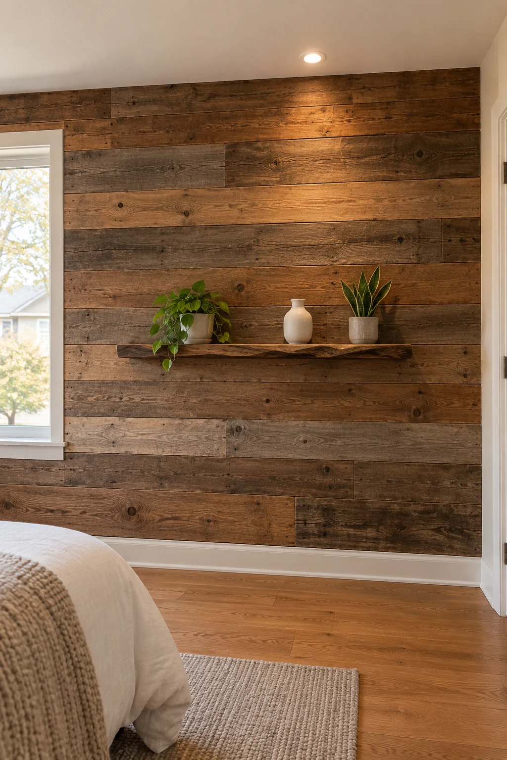 Reclaimed barn board accent wall with a live edge wood shelf