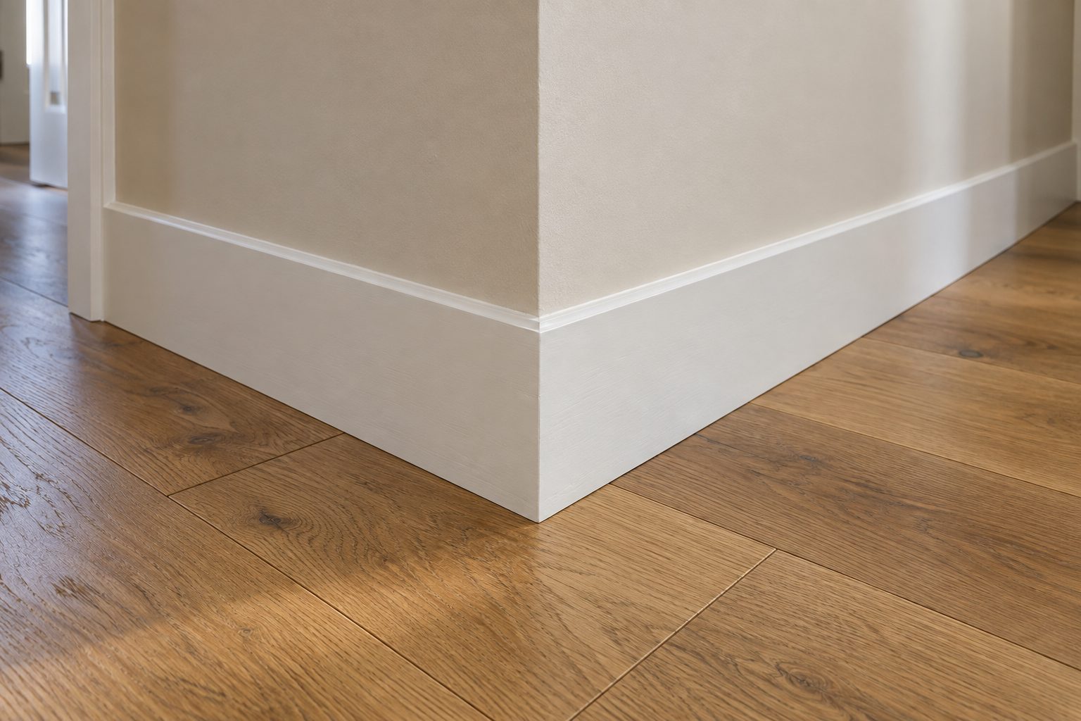 White baseboards meeting at a mitred outside corner above a hardwood floor