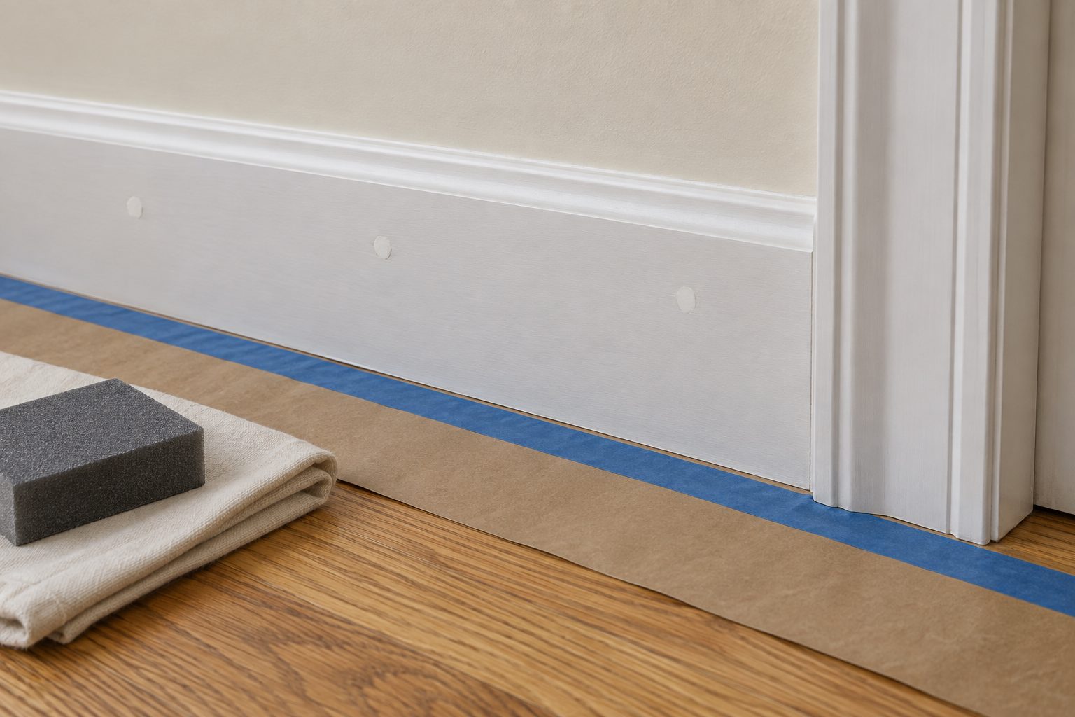 New baseboard with filled nail holes and caulked joints ready for paint