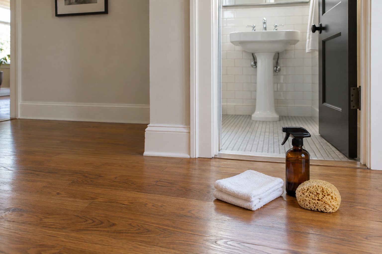 Plain unlabelled cleaning items set on a hardwood floor at the open threshold of a clean bathroom with a white pedestal sink