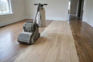 Unattended drum sander on flooring with pale sanded and dark unsanded areas