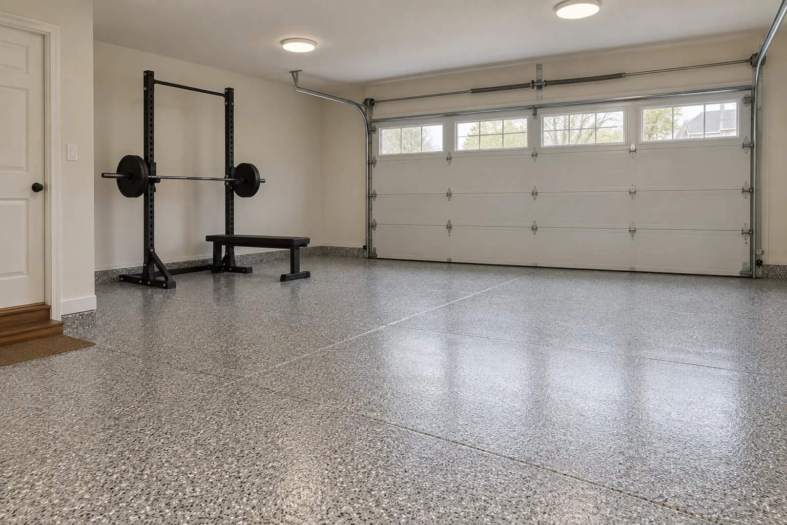 Garage home gym with a black and white full-flake epoxy floor and a clear top coat