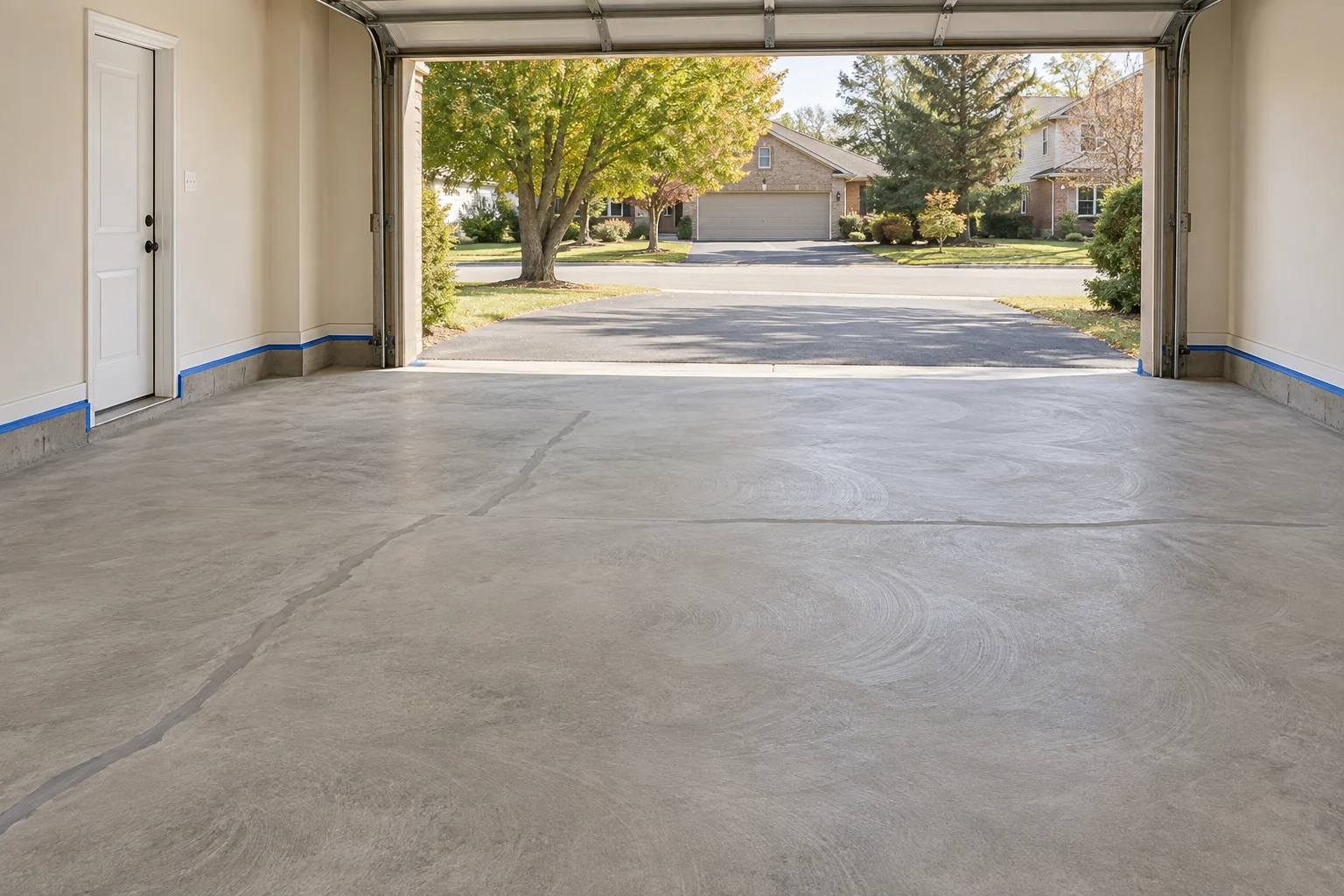 Bare concrete garage floor cleared and ready for an epoxy coating