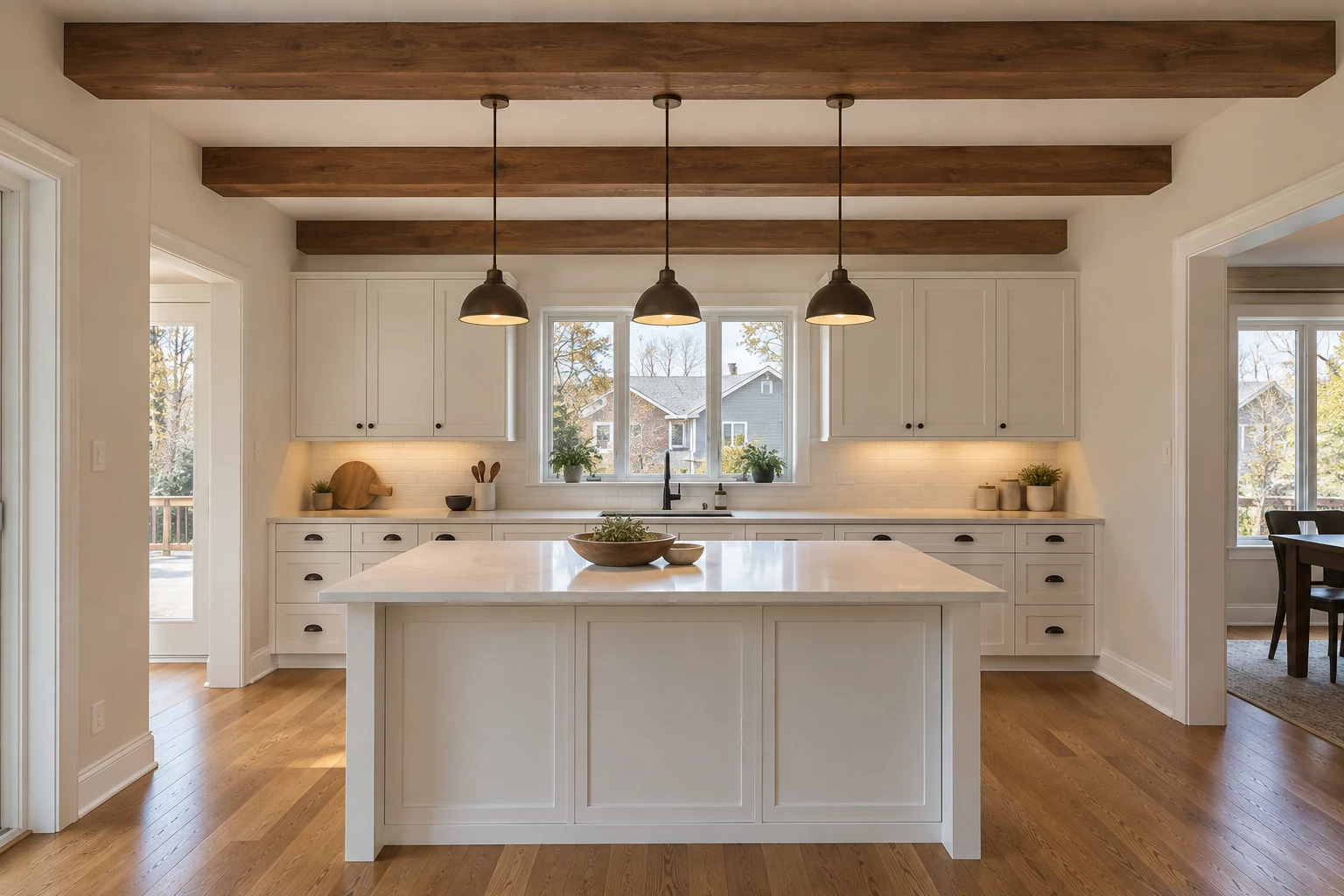 Three stained faux wood beams across a white kitchen ceiling