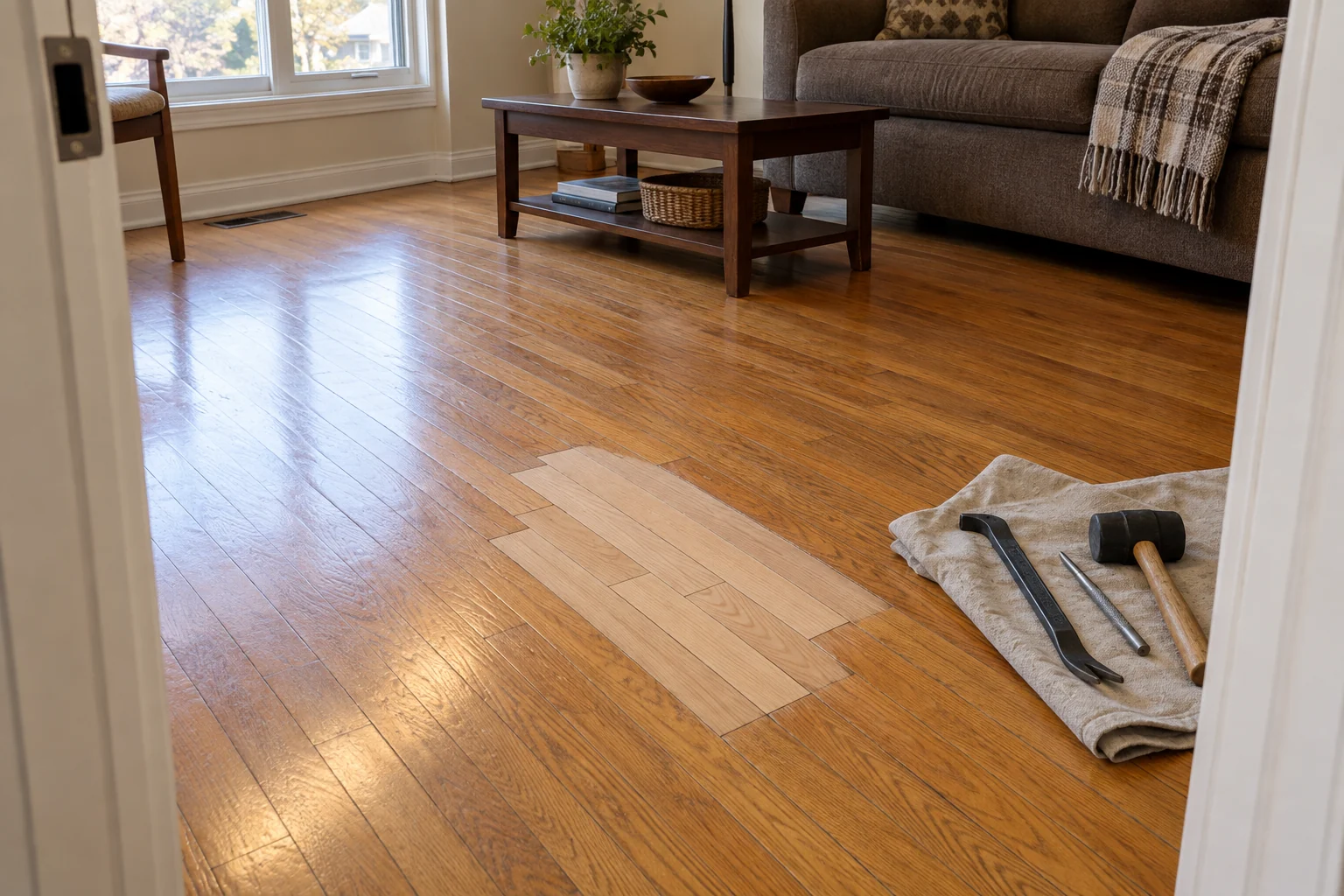 A few replacement oak boards fitted into an existing hardwood floor, sanded and ready for finish