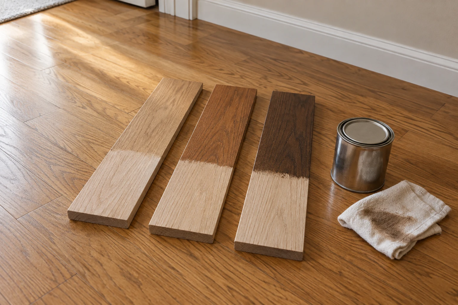 Three stain test patches on new oak boards laid beside an existing finished hardwood floor