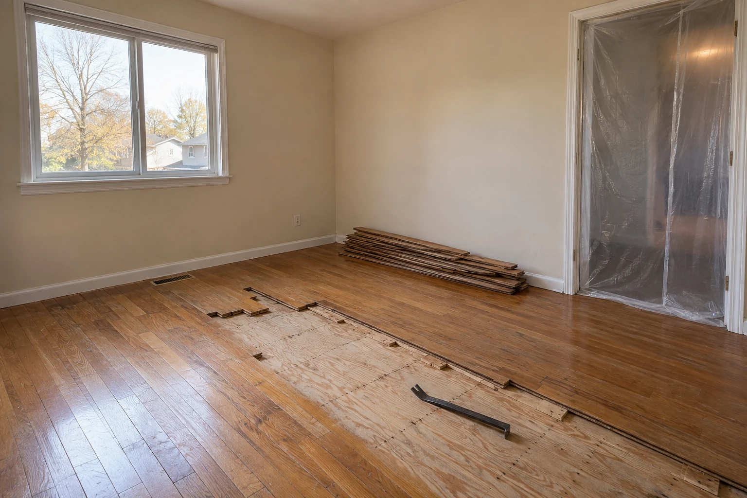 Worn hardwood boards being lifted from a room with the plywood subfloor showing underneath