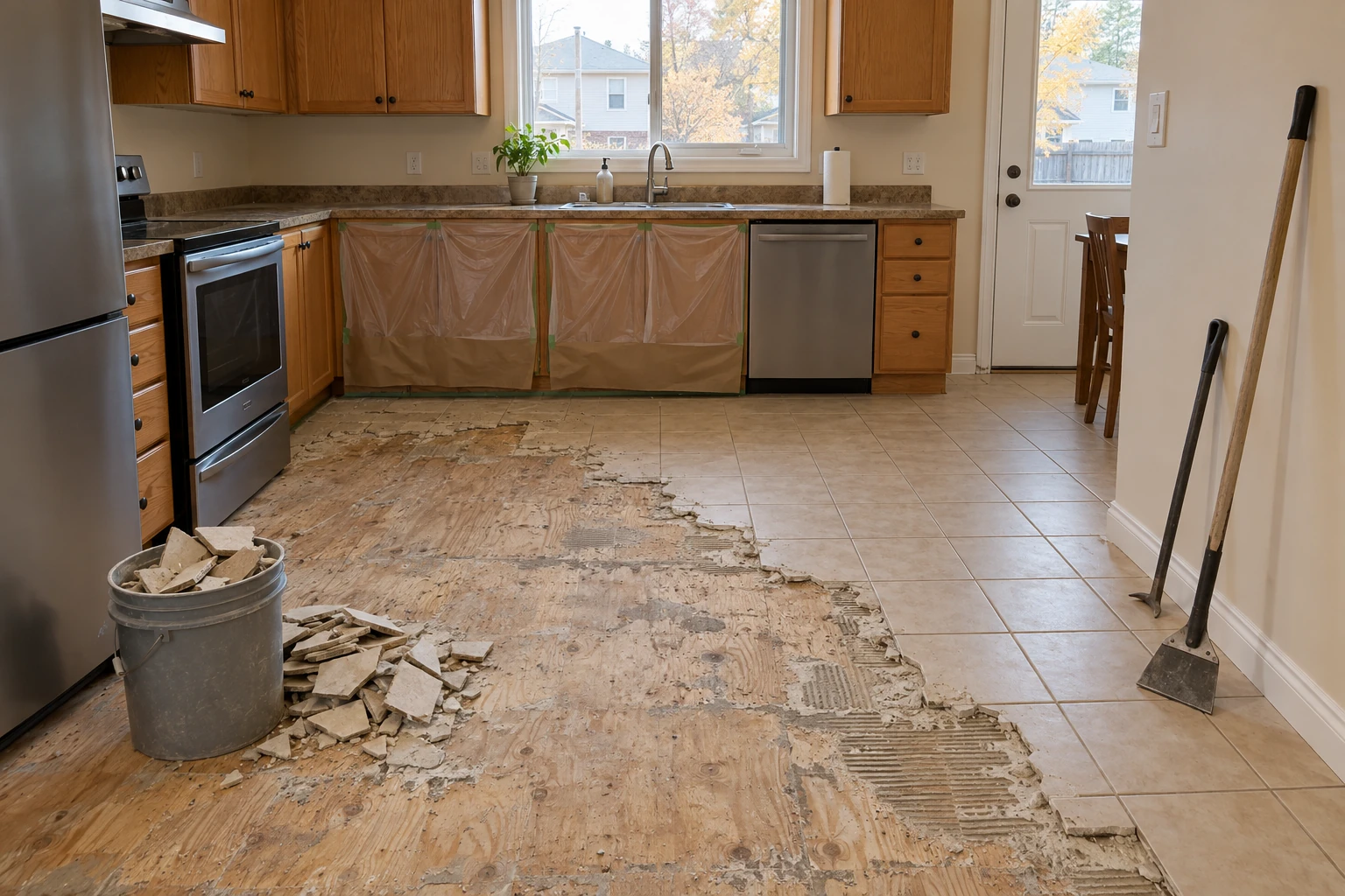 Kitchen floor partly cleared of old ceramic tile, with the subfloor showing and debris swept into a pile