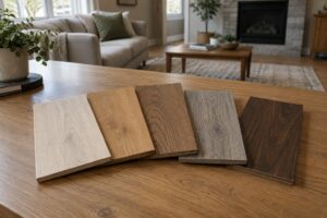 Flooring sample boards in oak and vinyl finishes fanned across a wooden table in daylight