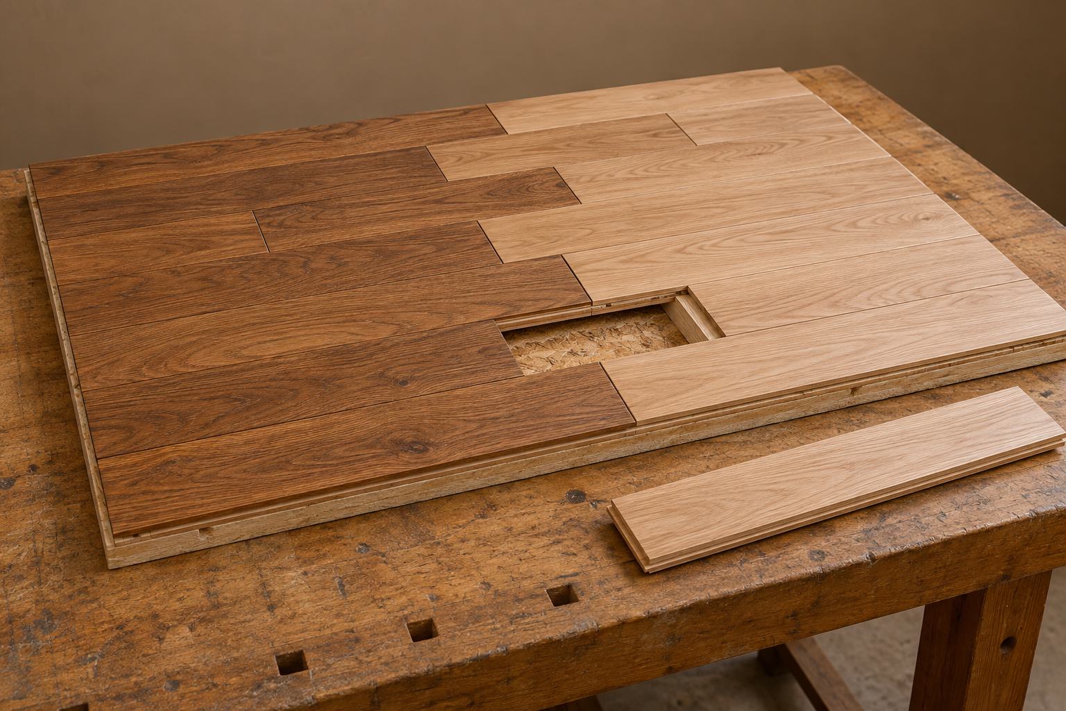 Lighter and darker hardwood boards meet at staggered ends in a sample panel with one opening left unfilled.