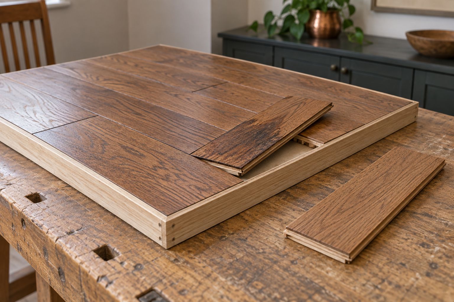 A stained plank is partly lifted from a hardwood sample panel, with a replacement board beside it.