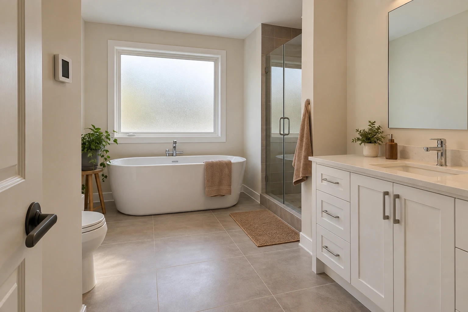 Finished bathroom with large grey porcelain floor tile and a wall thermostat for the heated floor