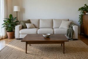 Tidy living room with a plain fabric sofa, a low wooden coffee table, a woven rug and a clean hardwood floor