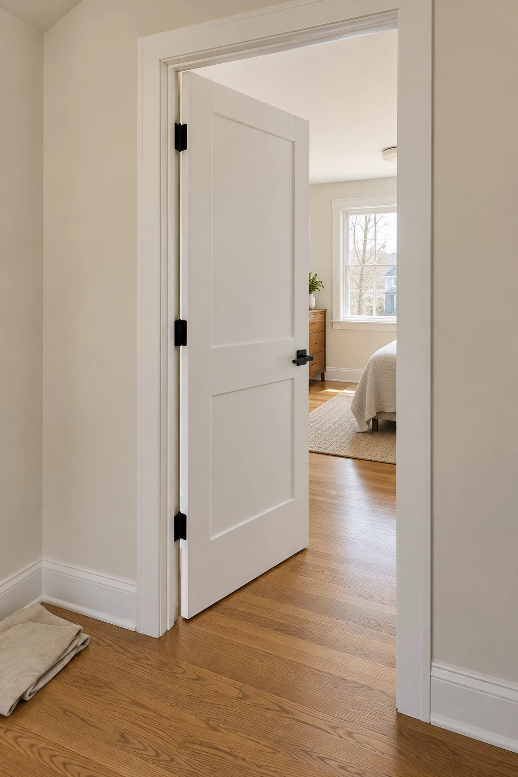 Newly hung white interior door with fresh casing above a new hardwood floor