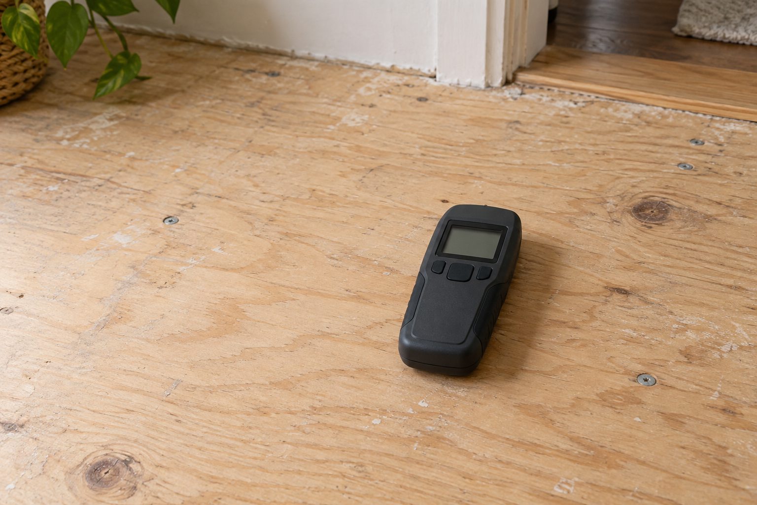 Moisture meter resting on a plywood subfloor during a floor assessment