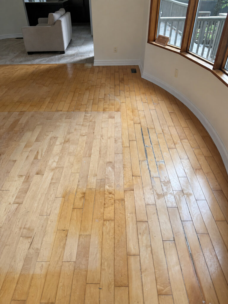 Strip hardwood floor in a curved bay window room during refinishing, with one area sanded lighter
