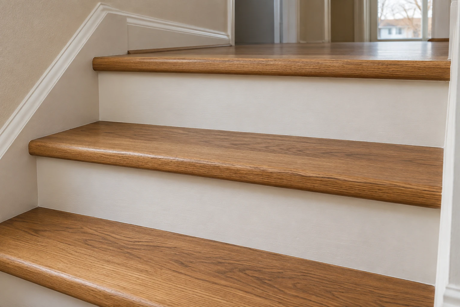 Close view of oak stair treads with a satin, lightly textured finish