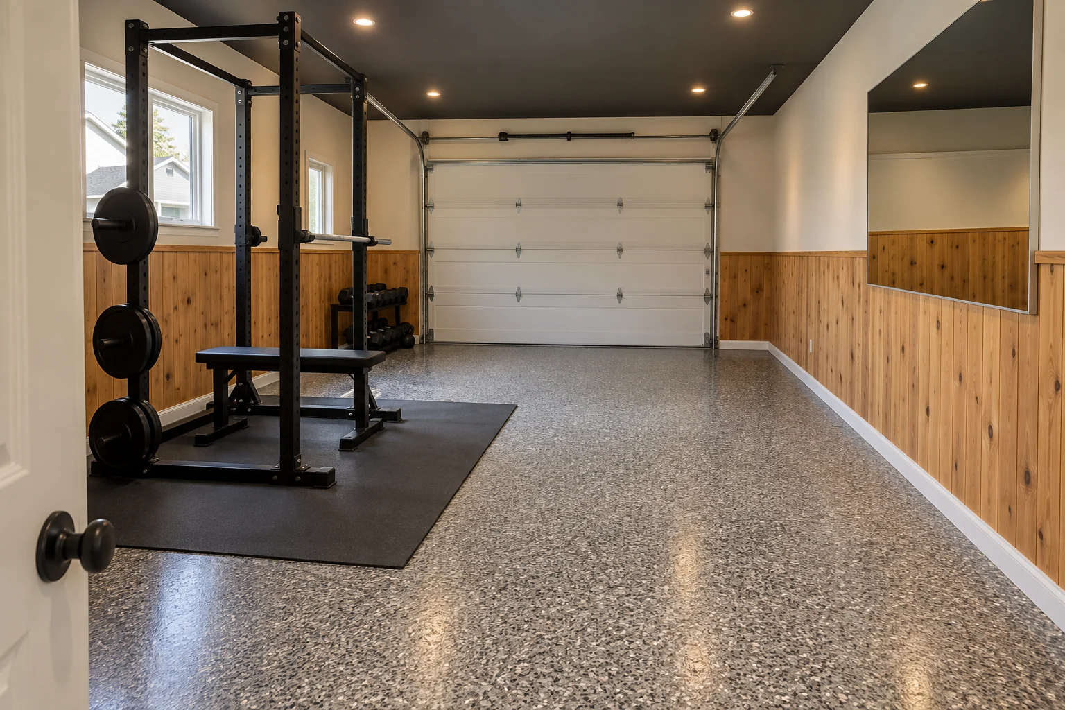 Converted garage home gym with a flake epoxy floor, wood panelled walls and a squat rack