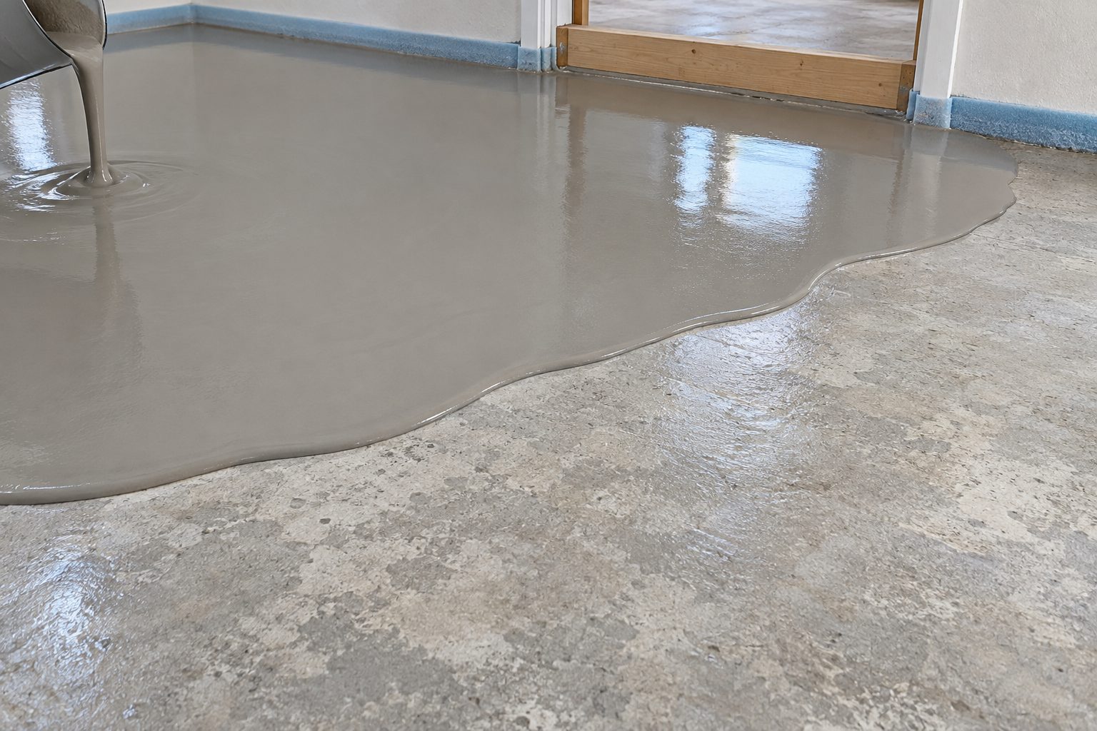 Grey self-levelling compound being poured over a subfloor