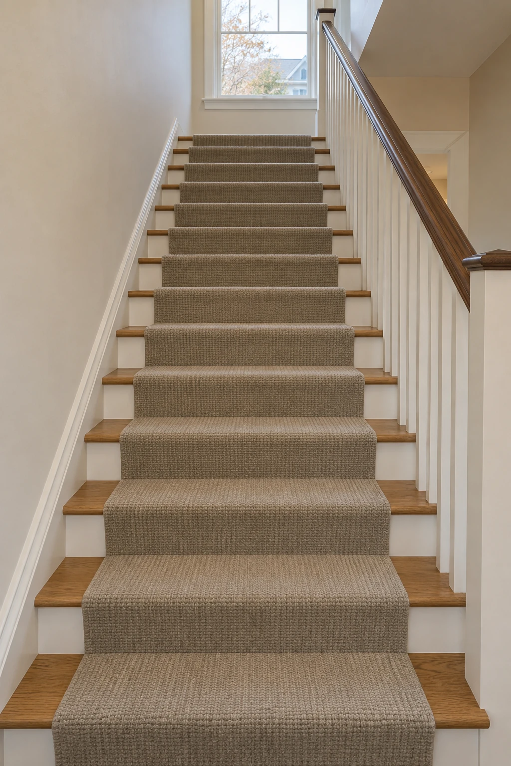 Neutral wool-look carpet runner fitted down the centre of hardwood stairs with wood showing at the sides
