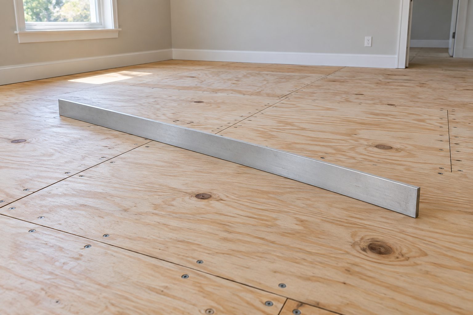 Straightedge laid across a plywood subfloor to check for dips before new flooring