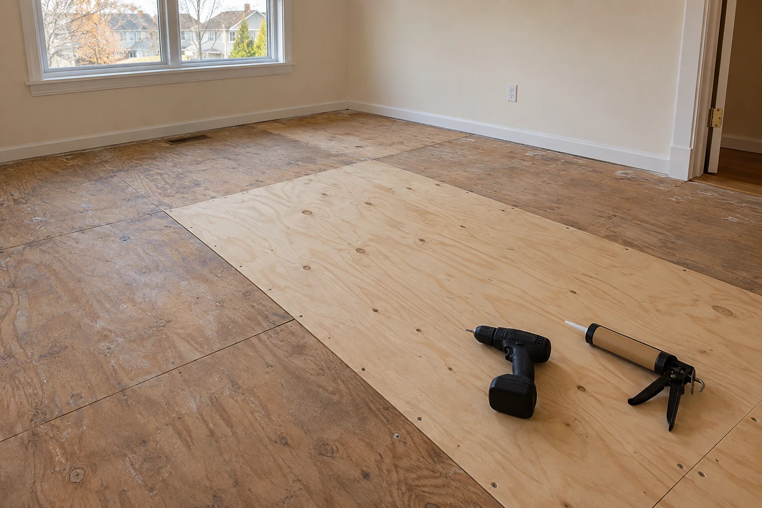 New plywood subfloor sheet screwed down in a rows pattern beside the older subfloor
