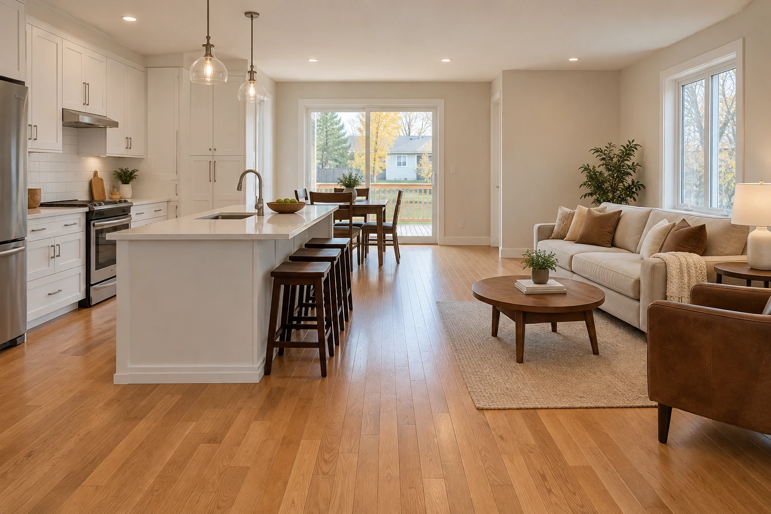 Open kitchen and living area with one continuous oak hardwood floor where tile used to be