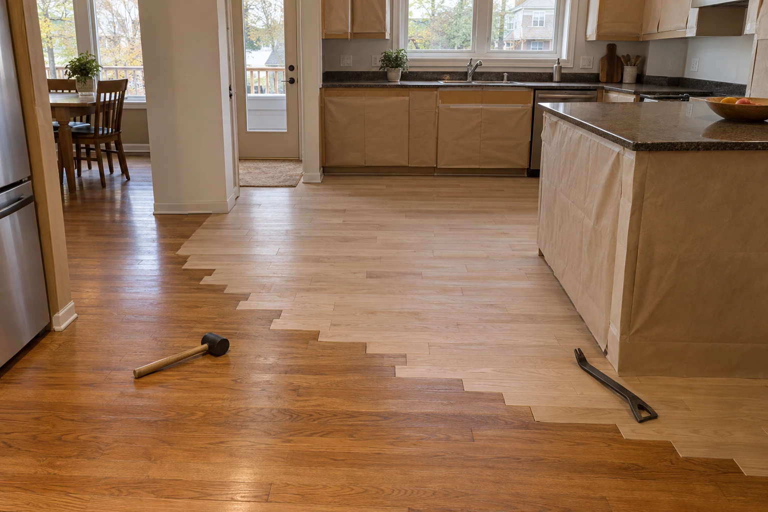 New raw oak boards woven into an existing finished oak floor where kitchen tile was removed