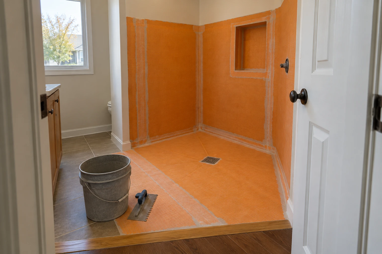 Orange waterproofing membrane installed over a bathroom floor and the lower walls before tiling
