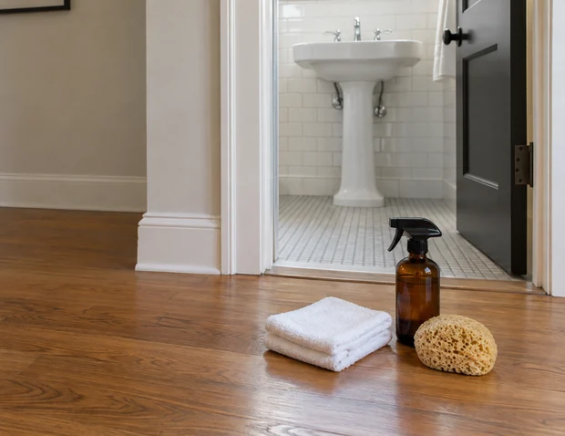 Unlabelled spray bottle, folded cloths and sponge beside a bathroom doorway